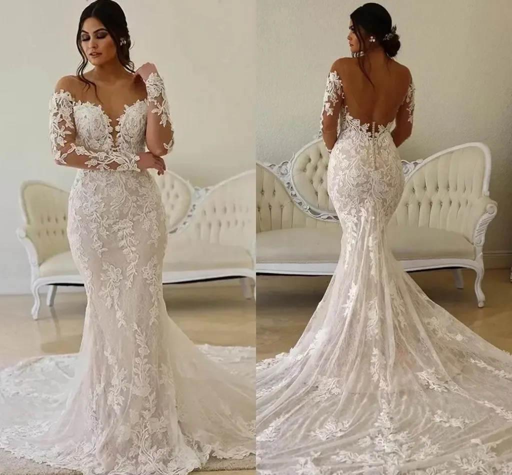 Abiti da sposa a sirena con scollo a O trasparente in pizzo floreale a maniche lunghe senza schienale Abito da sposa a coda di pesce bohémien abito sposa su misura