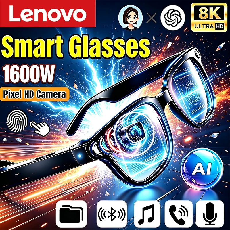 Lenovo AI Smart Glasses Touch Control Bluetooth Remote Photo Video Record Translator Voice Assistant Wireless óculos inteligente