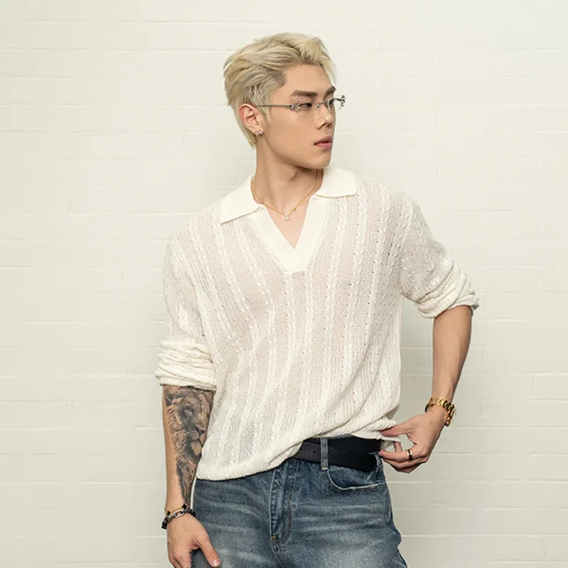 HKSH Men Deep V-Neck Linen Blend Solid Color Turn-down Collar Knitted T-shirt Loose Versatile Long Sleeve Tees Chic Ins HK21892