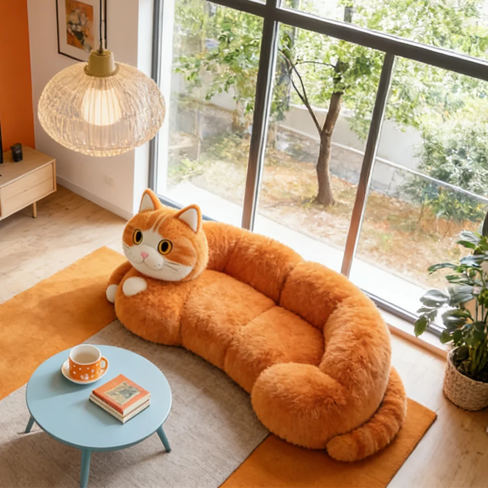 Giant cat-shaped plush sofa bed oversized animal lounge chair cute orange kitten bean bag sofa creative home