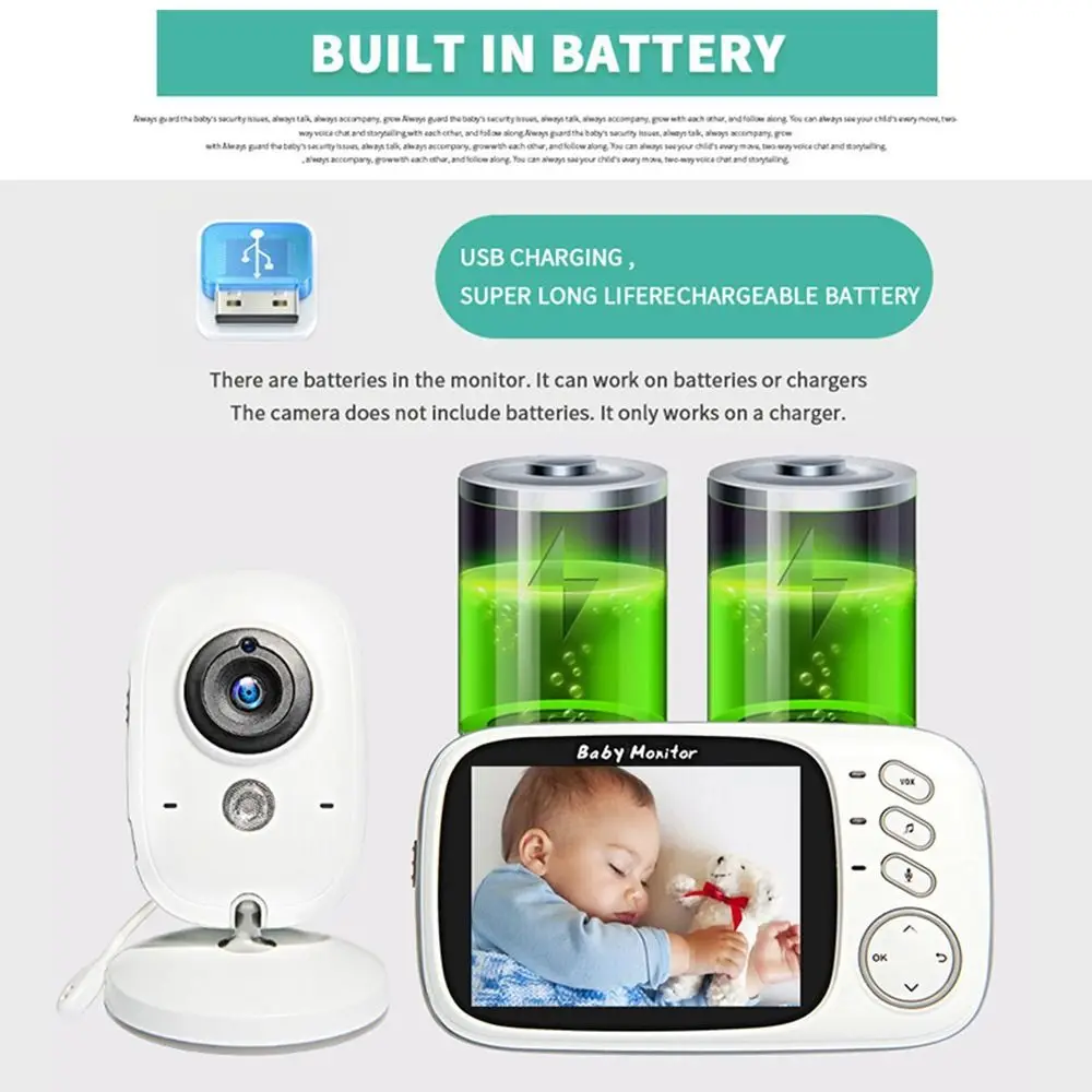 3.5 Inch Wireless Video Baby Monitor Auto Night Vision with Lullabies Baby Nanny Security Camera 2 Way Audio Talk