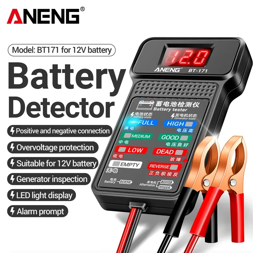 ANENG BT-171 probador de batería Digital de 12V indicador de batería de coche con pinzas de cocodrilo indicador de estado de batería LED herramienta de electricista