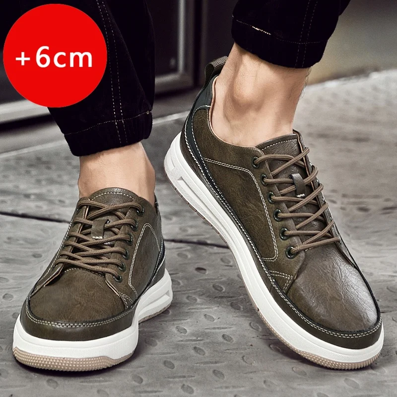 New Genuine Leather Elevated Men's Board Shoes Trendy casual style Men's  for Outdoor travel activity height increasing shoes