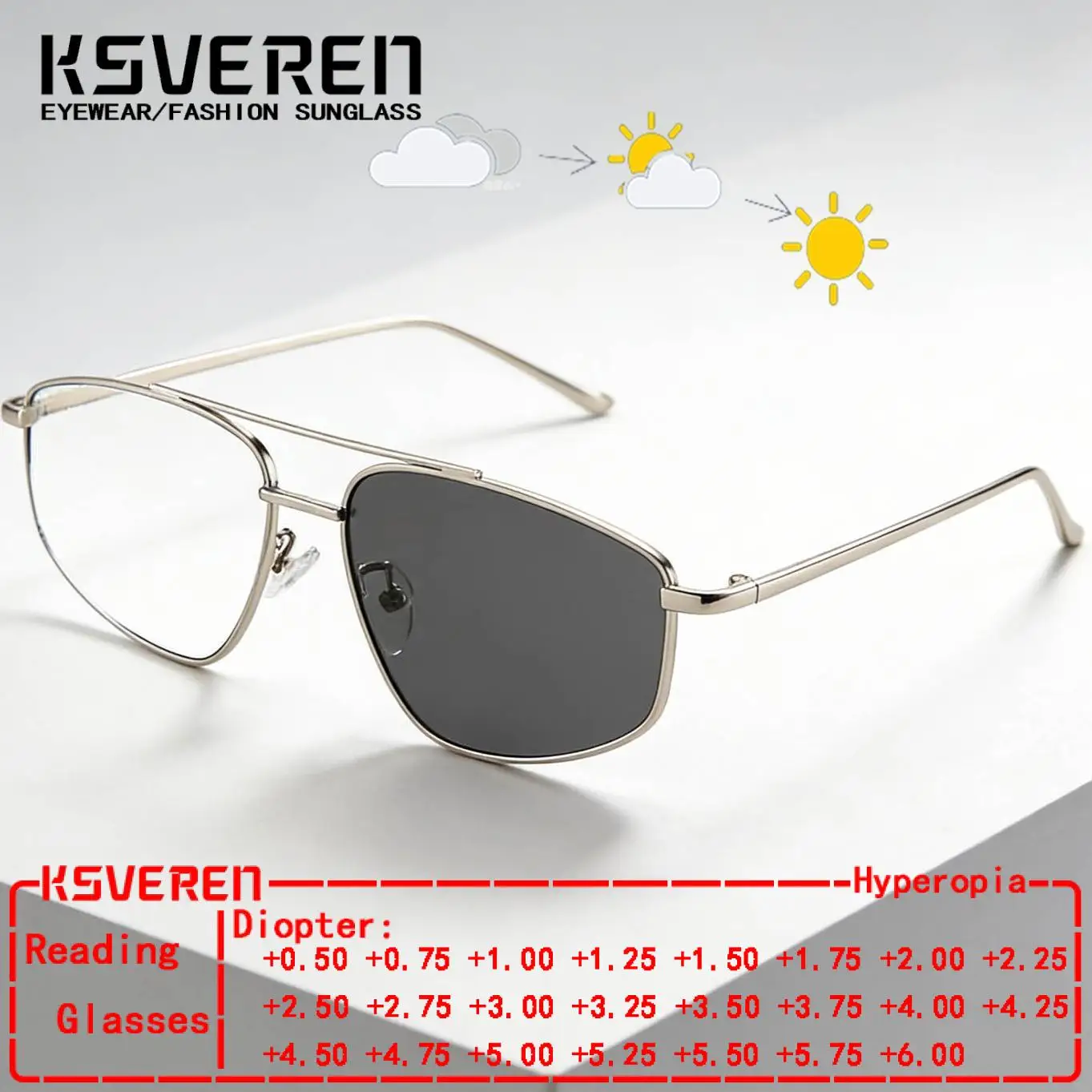 

Metal Irregular Photochromic Reading Glasses Men Women Clear Lens Prescription Eyewear Outdoor Sun Color Changing Glasses