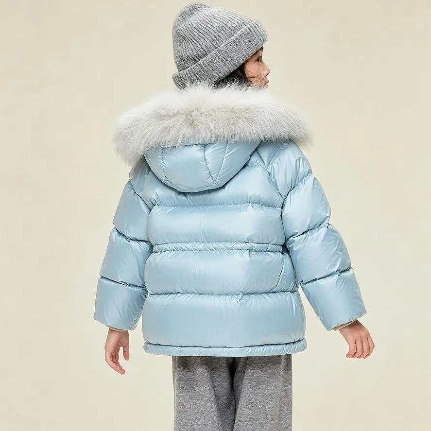 Warmer Winter-Puffermantel für Mädchen, hellblau, abnehmbarer Pelzkragen, mit Kapuze, wasserdicht, dick, Kinder-Oberbekleidung für kaltes Wetter A5105 – Detail 4