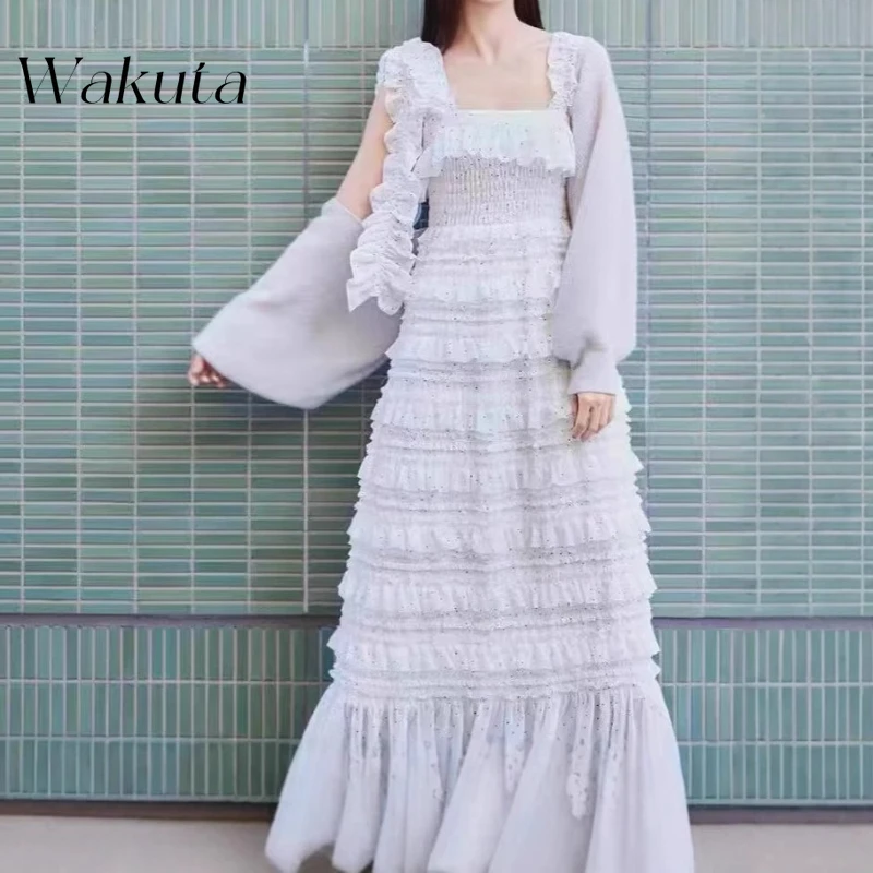

KAMEHARA Japanese Elegant U-neck Shoulder Strap Sleeveless Slim Fit Vestidos Sweet Fairy Like Black Fungus Edge Suspender Dress