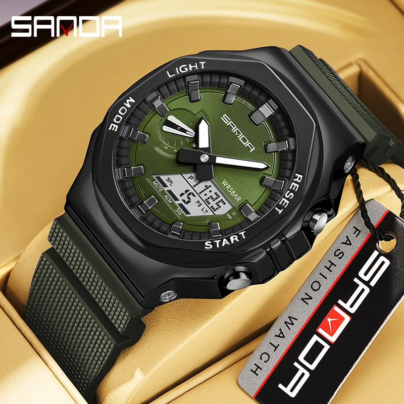 SANDA 3167 Top New Style Men Casual Military Outdoors Sport Wrist Watch Quartz 50M Waterproof Fashion Dual Display Men Watch