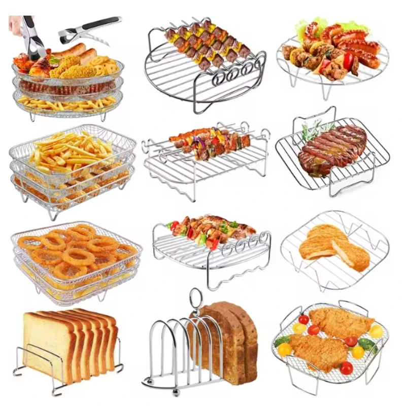 

3-layers Air Fryer Rack Stackable Grilling 304 Stainless Steel Airfryer Oven Grill Steamer Cooker Kitchen Gadgets Cooking Tools