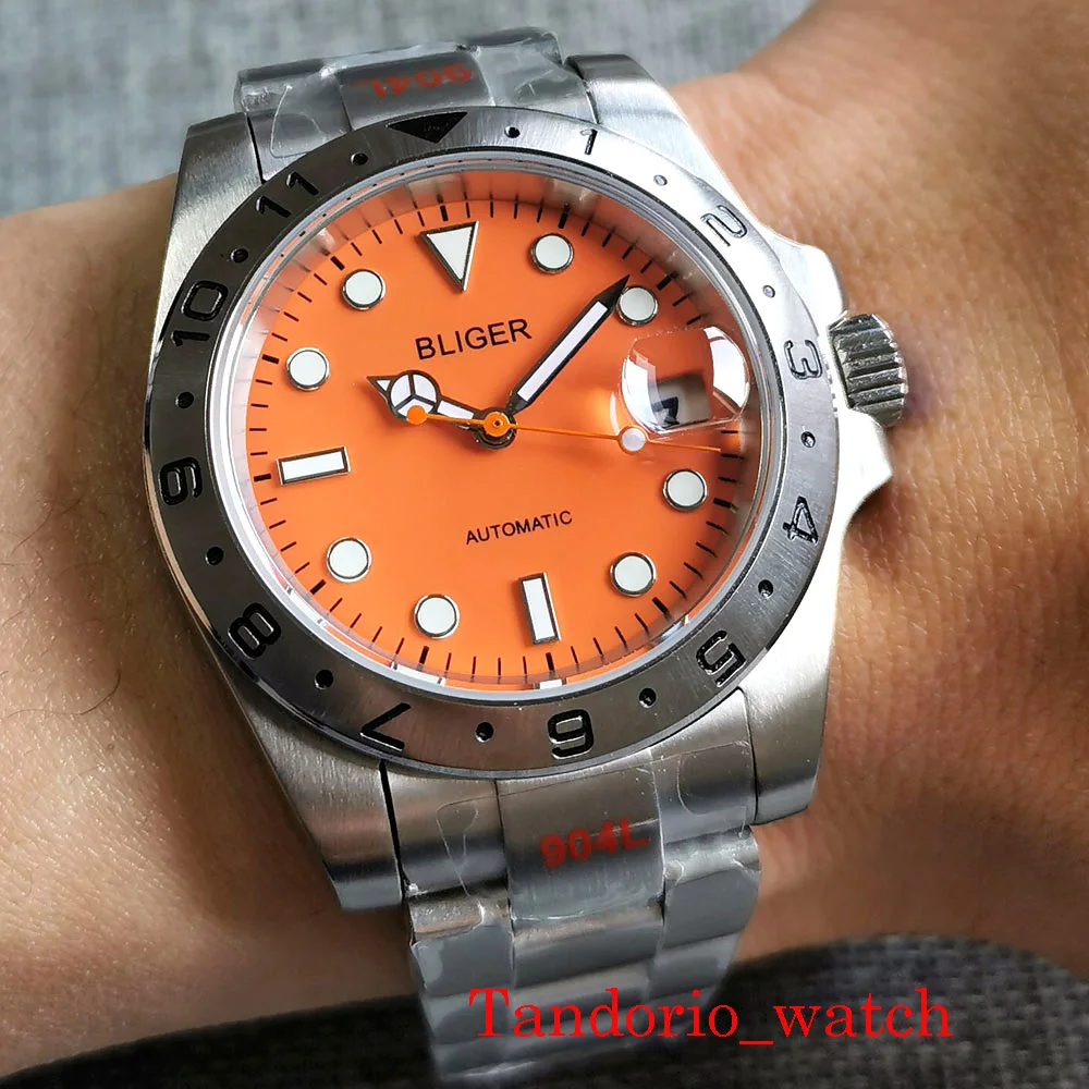 39mm Bliger Orange Dial NH35A Automatic Men Watch Sapphire Glass Orange Hand Fixed Bezel12-hours Bezel