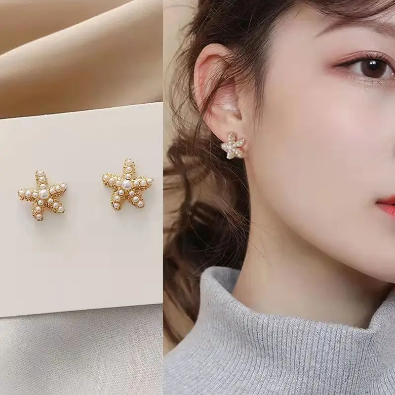 Fashion Popular Golden Base Inlaid Faux Pearl Sea Star Earrings For Women Trendy Sexy Jewelry Party Office Festival Girls Gifts