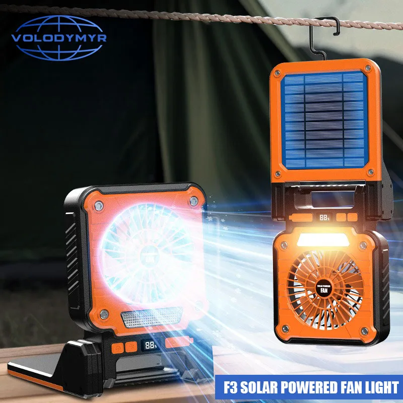 

VOLODYMYR Solar Powered Camping Light with Fan Folding Portable Desk Lamp Rechargeable Battery for Outdoor Hiking Fishing