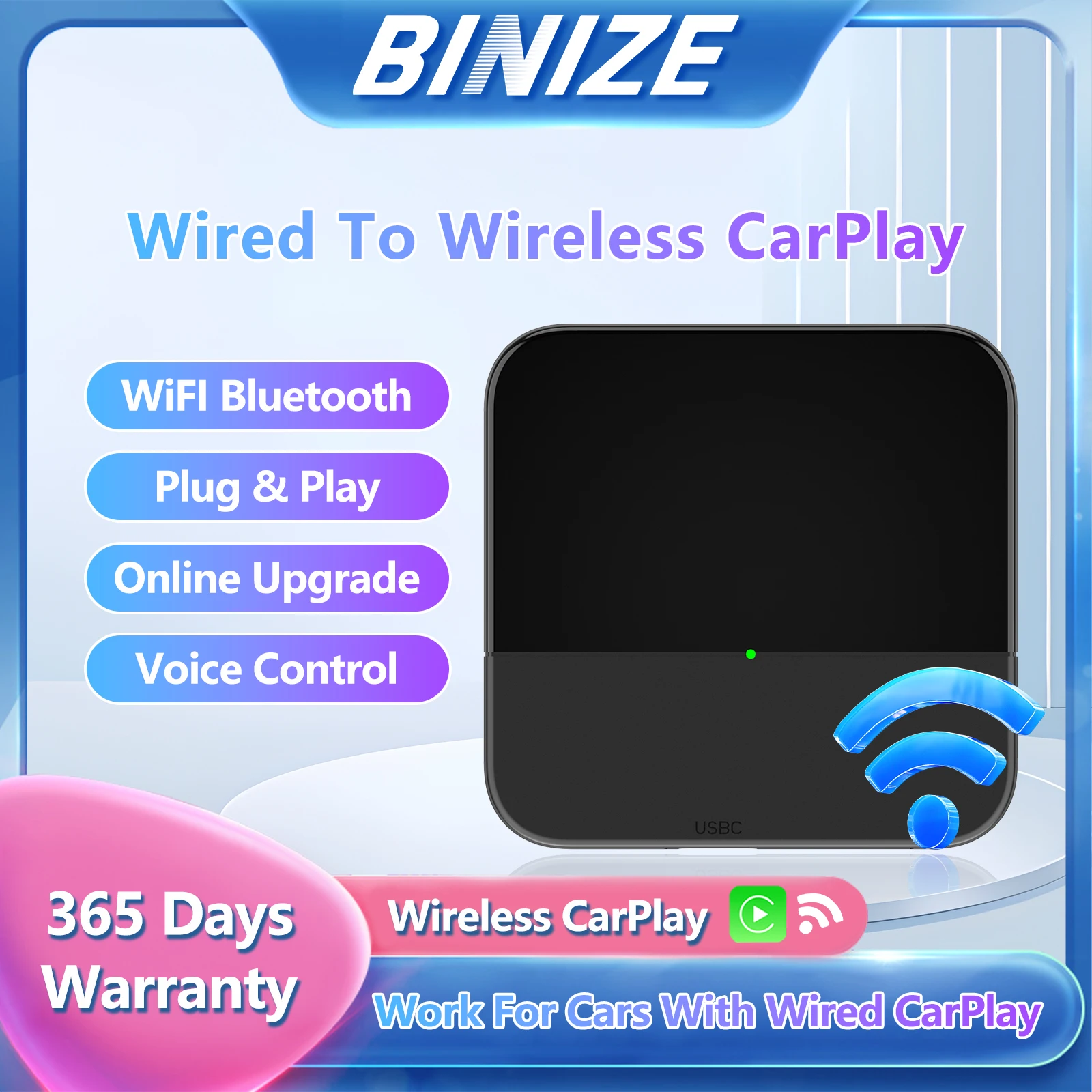 

Binize Wireless CarPlay Adapter Plug & Play For Car with OEM Wired Carplay Wifi Bluetooth Auto Connect USB Online Upgrade