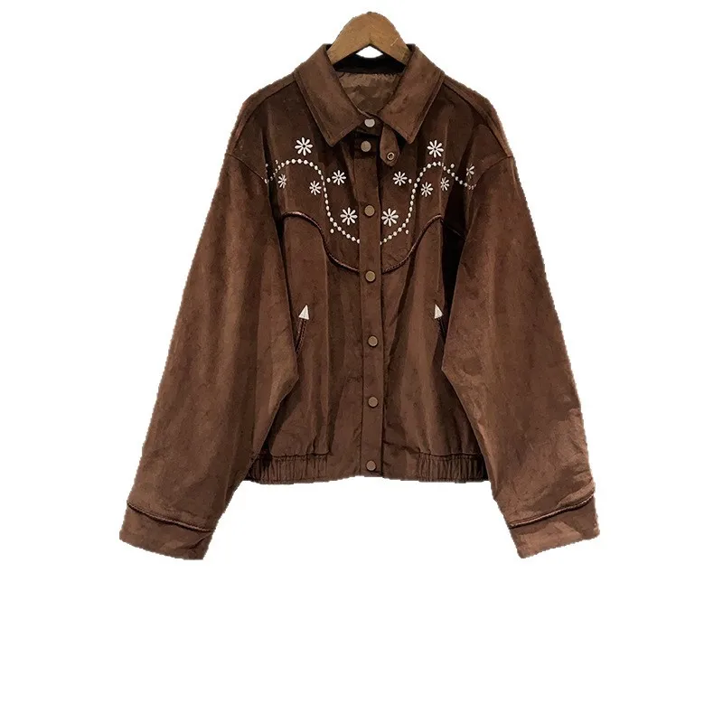 【Gift Free】Korean Niche 2025 Autumn Winter Fashion Embroidered Floral Western Style Collar Low-Maintenance Flight Jacket