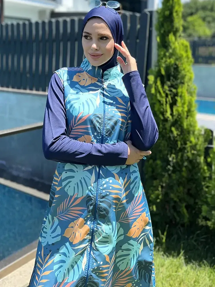 4PCS Waterproof Modest Burkini Femmes Beach Long Swimwears Women Floral Swimsuit Swimwear Full Cover Hijab Top Pants Bra