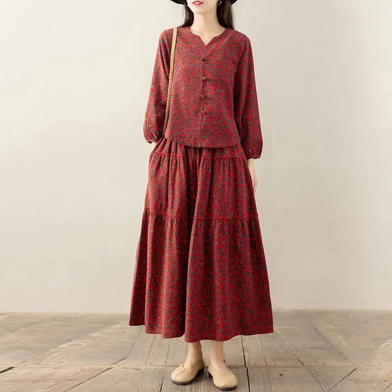 

Spring Autumn Women's National Style Shirt + Skirt Floral Long Skirt Set Vintage Literature Cotton Linen Suit Women Outfit T2040