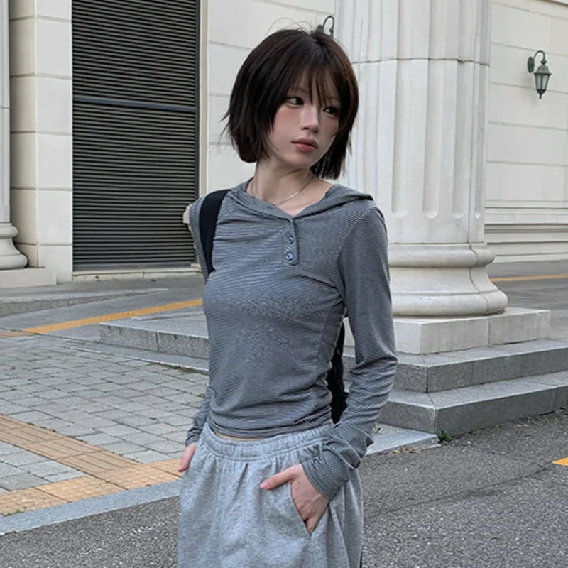 ANJY Spring New Women Tide Fashion Korean Style Summer Casual Simple Design Diagonal Buckle Slim Fit Hooded T-shirt Tops A20011