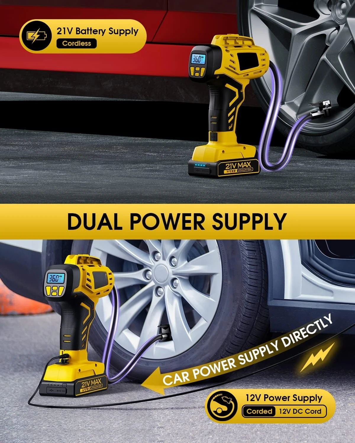 Tire Inflator Portable Air Compressor - 2X Faster - 21V Rechargeable Battery Powered Handheld 160PSI Tire Inflator,Free Shipping