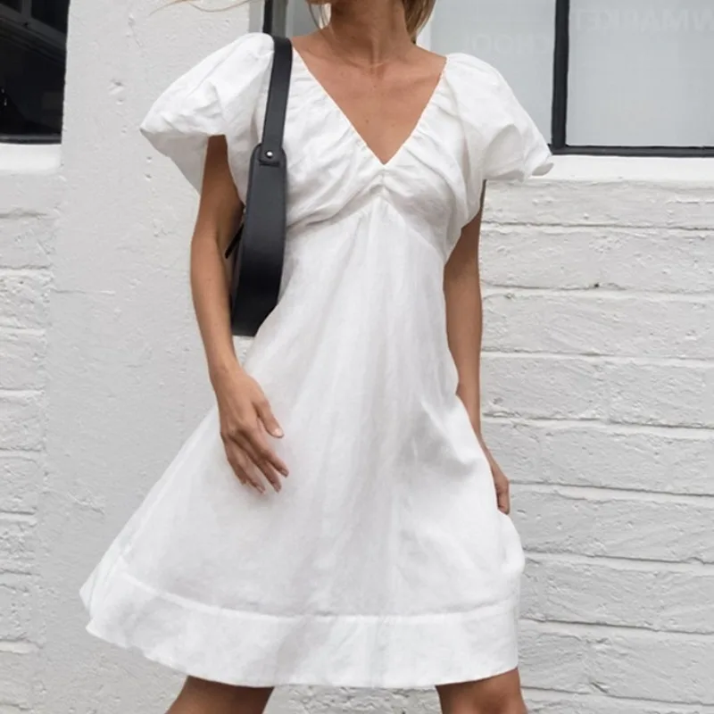 

Summer New Fashion Women White Dresses Temperament Commuting Youthful Woman Clothes 2024 Women's V-neck Puff Sleeve A-line Dress