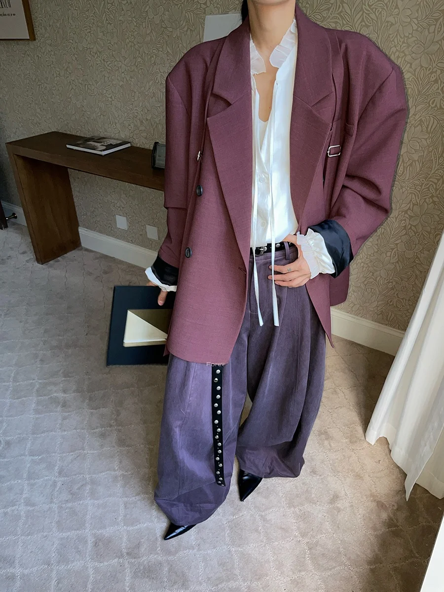 

JCCC adow Retro Sle Wine Red Color Loose Fit Suit Jaet with Sa Versatile Casual Polyester Fiber Long Sve Coat