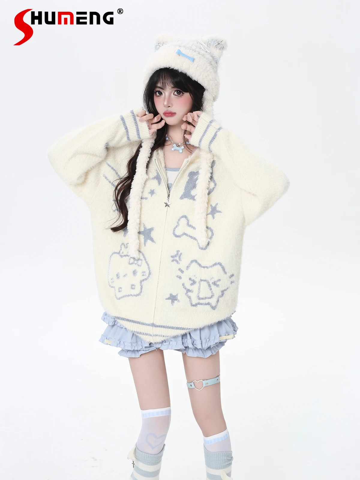 

2025 Autumn Fashion Highstreet Sweet Cool Girl Hooded Sweaters Cute Cartoon Animal Loose Casual Knitted Short Cardigan for Women