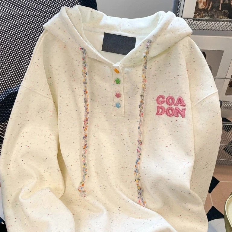 Korean Style Colorful Dots Embroidery Hoodie Men Women Autumn Loose Hooded Sweatshirt Unisex Trendy Outerwear New