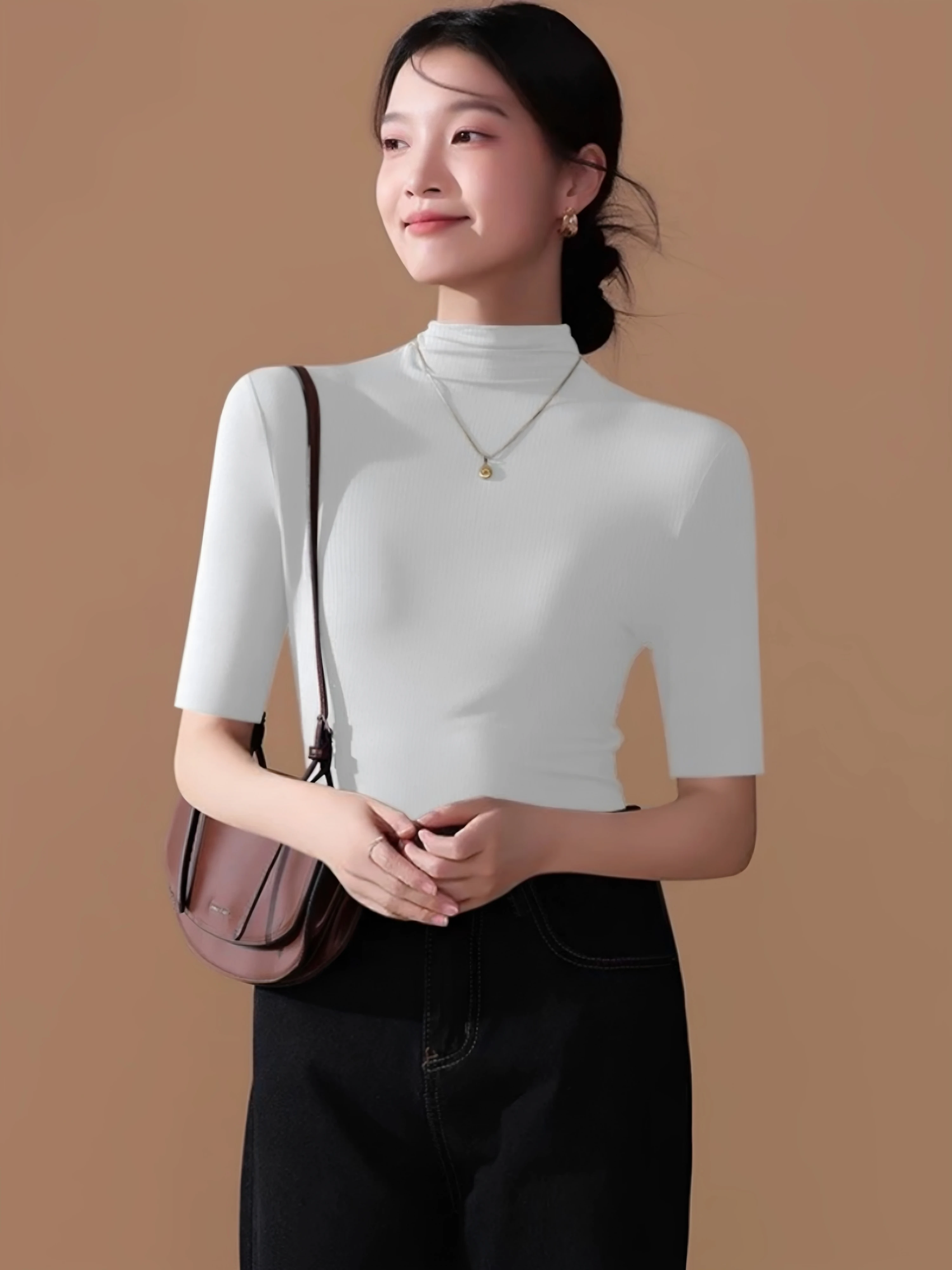 

Women's Slim Fit T-Shirt Half High Collar mid Sleeve Base Shirt Inner Wear Outer Wear Five Sleeve Tops Summer Simple Style