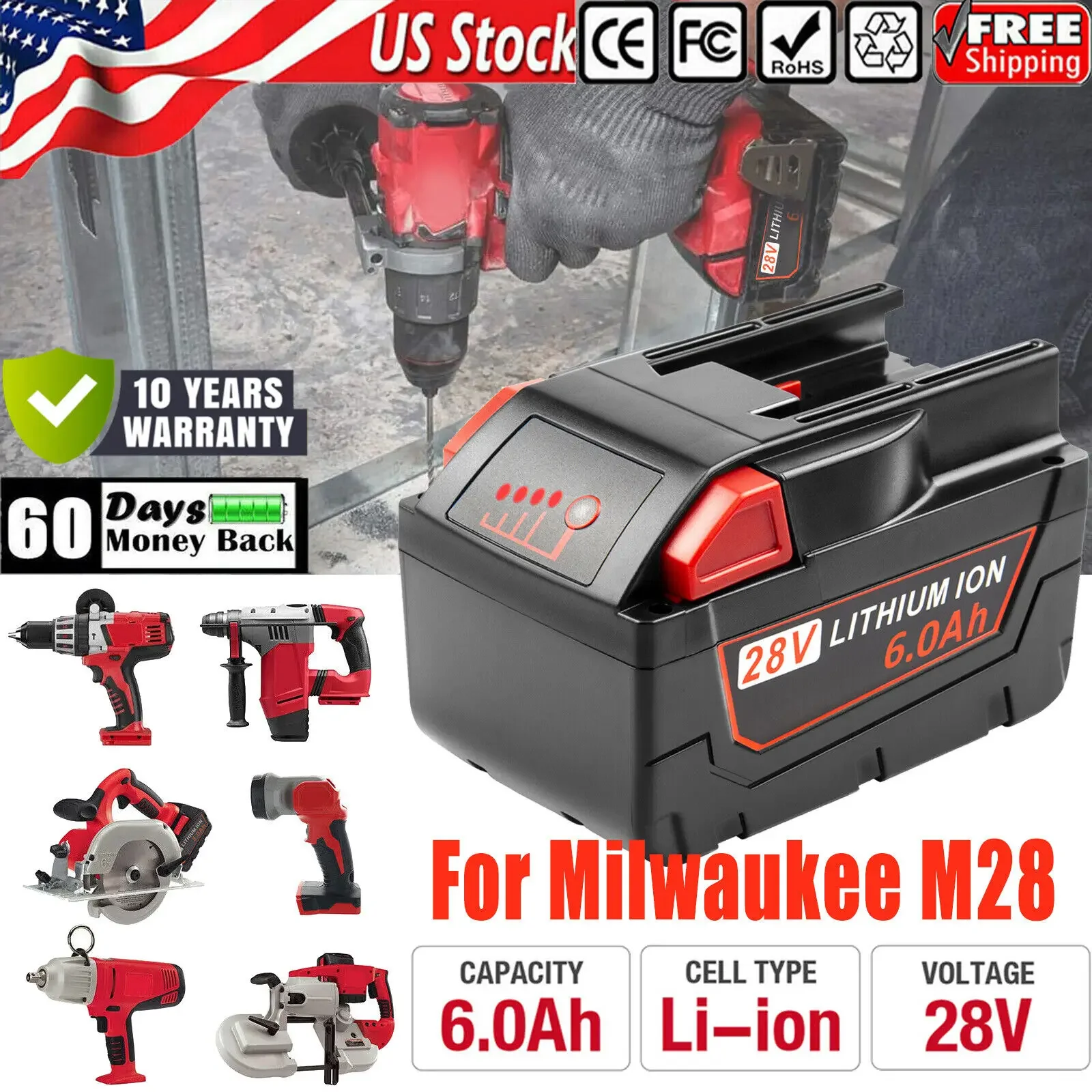 

28V 6.0Ah Li-Ion Battery For MILWAUKEE M28 V28 Power 48-11-2830 28Volt Cordless