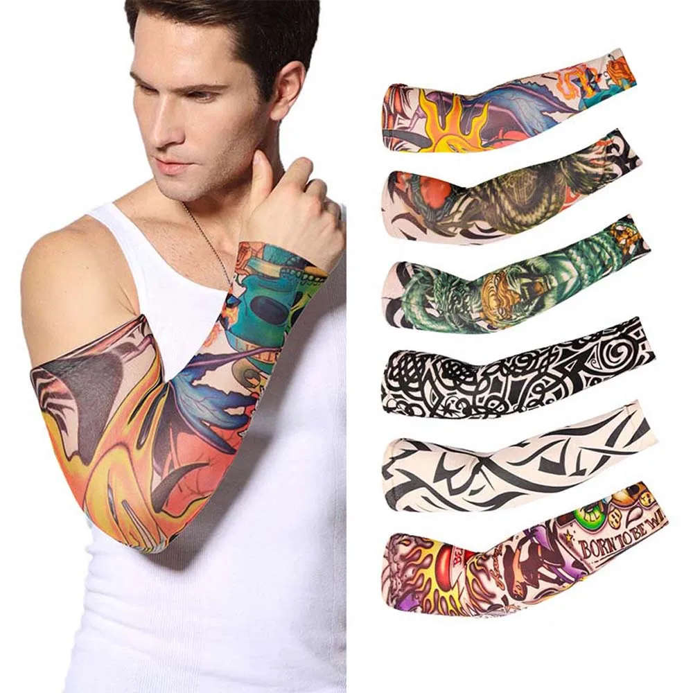 Arm Covers Flower Arm Tattoo Sleeve UV Protection Cycling Gloves Men Sunscreen Sleeve Long-sleeved Glove Flower Arm Pattern