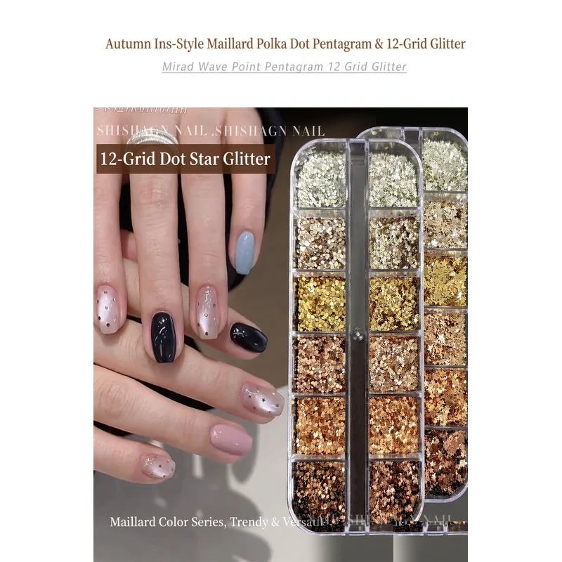 1mm Star Glitter Nail Art Sequin Maillard Gold Brown Dark Coffee Round Dots Five-Pointed Star DIY Nail Decals