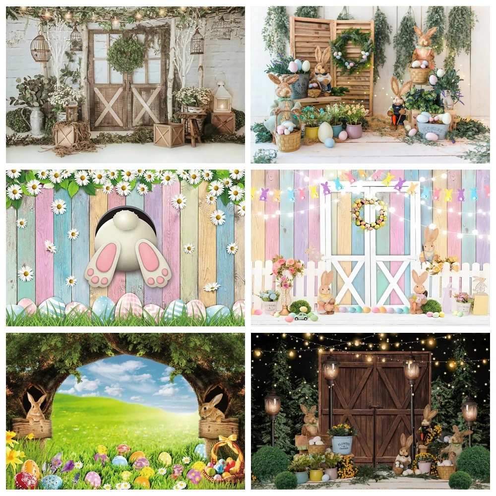 

Spring Easter Backdrop Rabbit Bunny Eggs Flower Happy Easter Birthday Party Wood Board Photography Background Photo Studio