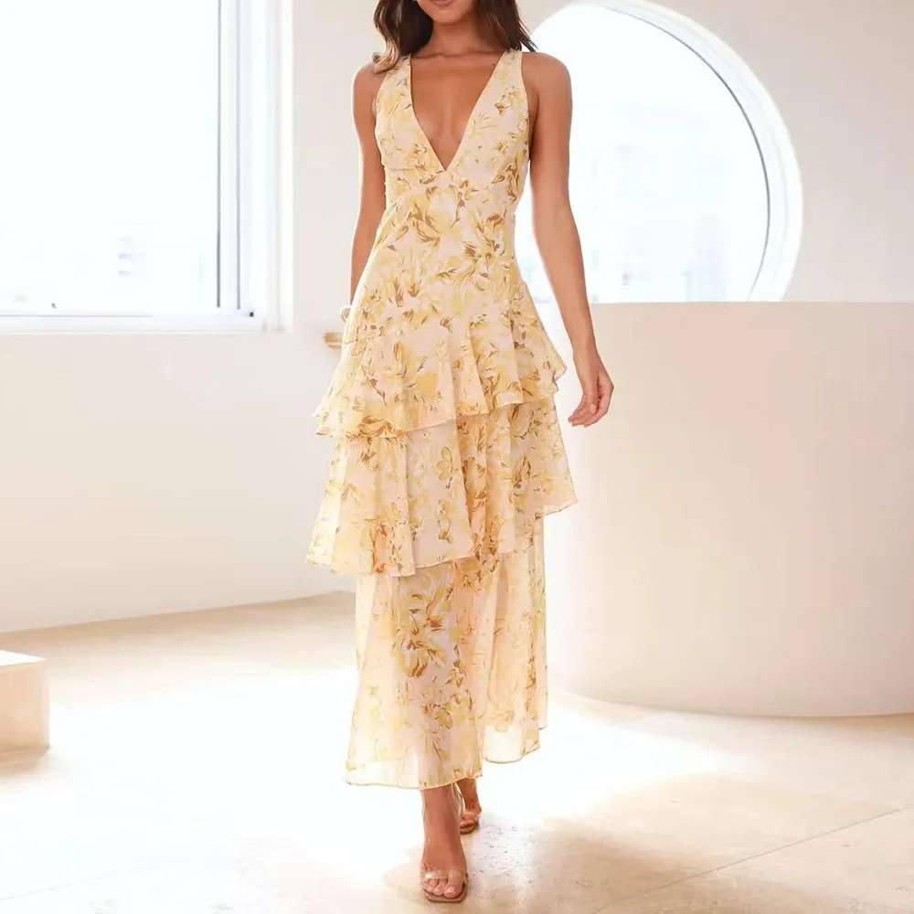 Модное платье для выпускного вечера трапециевидной формы с глубоким v-образным вырезом, современное шифоновое платье с открытой спиной и цветочным принтом, многоуровневое вечернее платье миди, коктейльное платье длиной до чая
