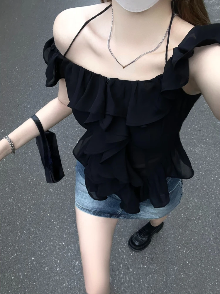 Pleated Sexy Black Blouse Women Ruffled Slim Harajuku Irregular Top Y2k Aesthetic Slash Neck Grunge Blusas Streetwear De Mujer