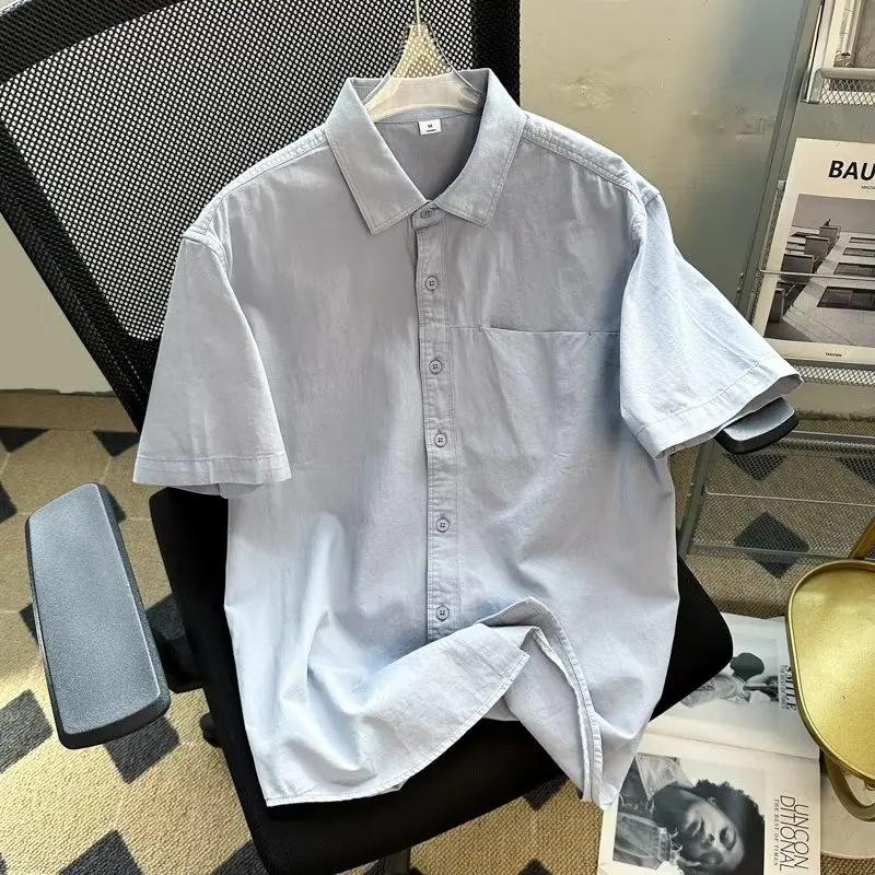 

Men Blue Half Sleeve Shirt Summer New Japanese Simple Fashion Versatile Solid Coats Casual Loose Single Breasted Thin Tops