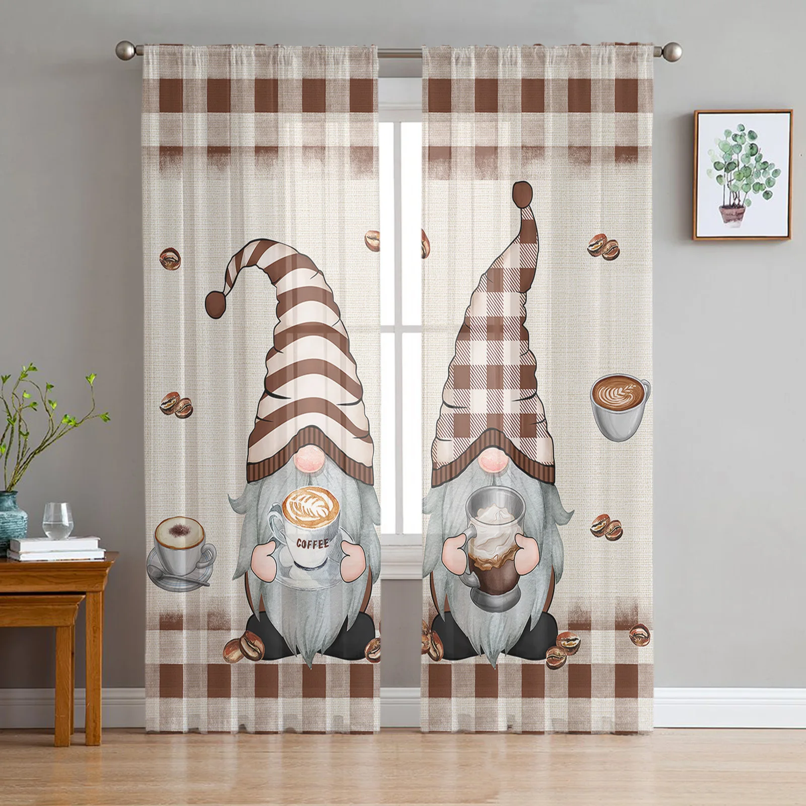 Coffee Dwarf Coffee Beans Chiffon Sheer Curtains for Living Room Home Decoration Window Voile Tulle Curtain Drapes