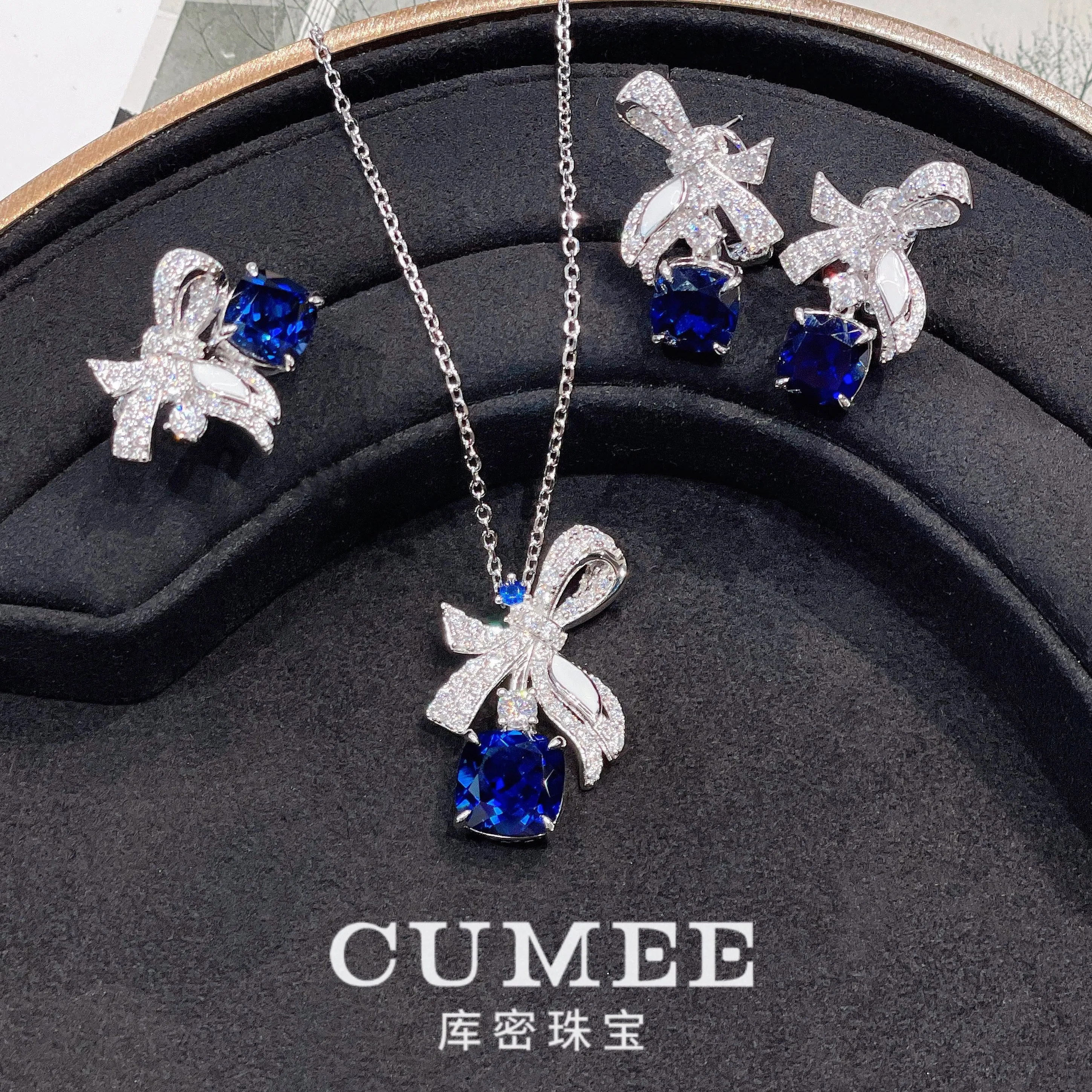 

New versatile small fresh bow design cultivated synthetic sapphire set Silver gold plating