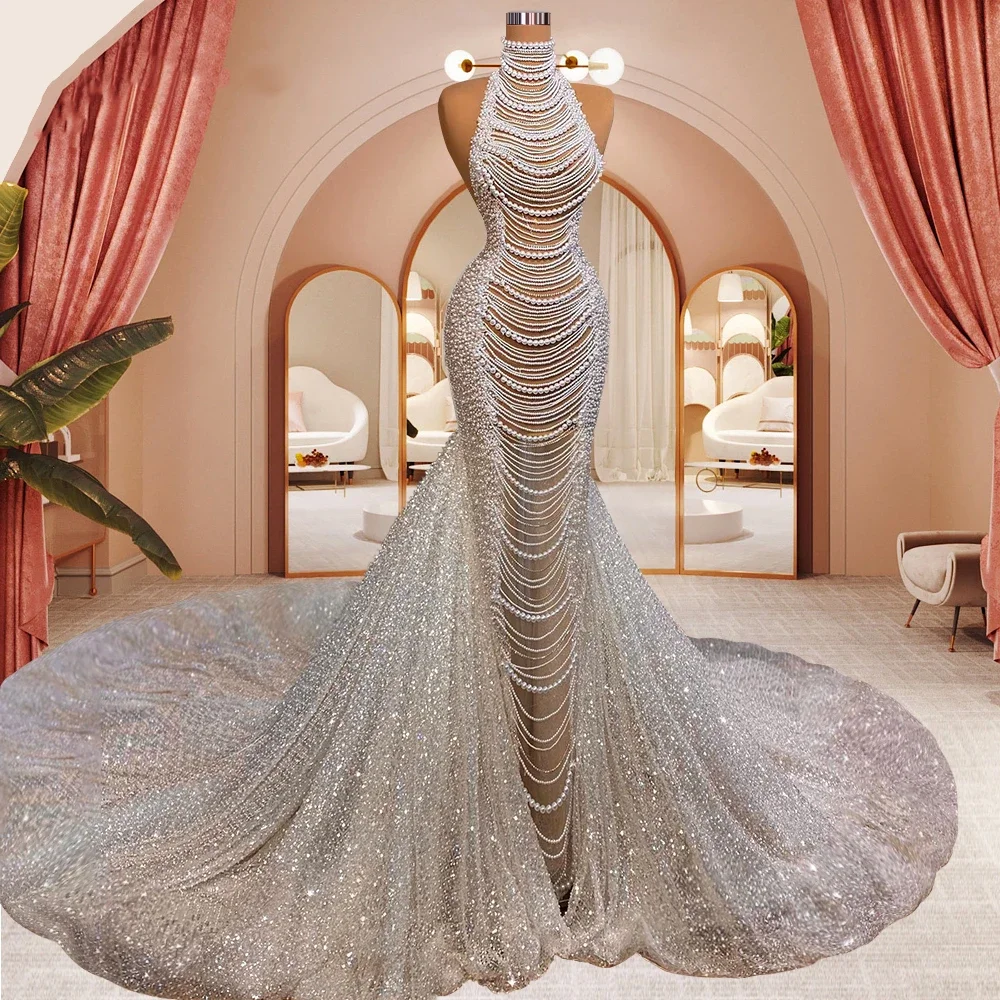 

Luxury Pearls Wedding Dress Dubai Sparkly Mermaid Bridal Gown High Neck Sleeveless Train Sequined Bride Robes Custom Made