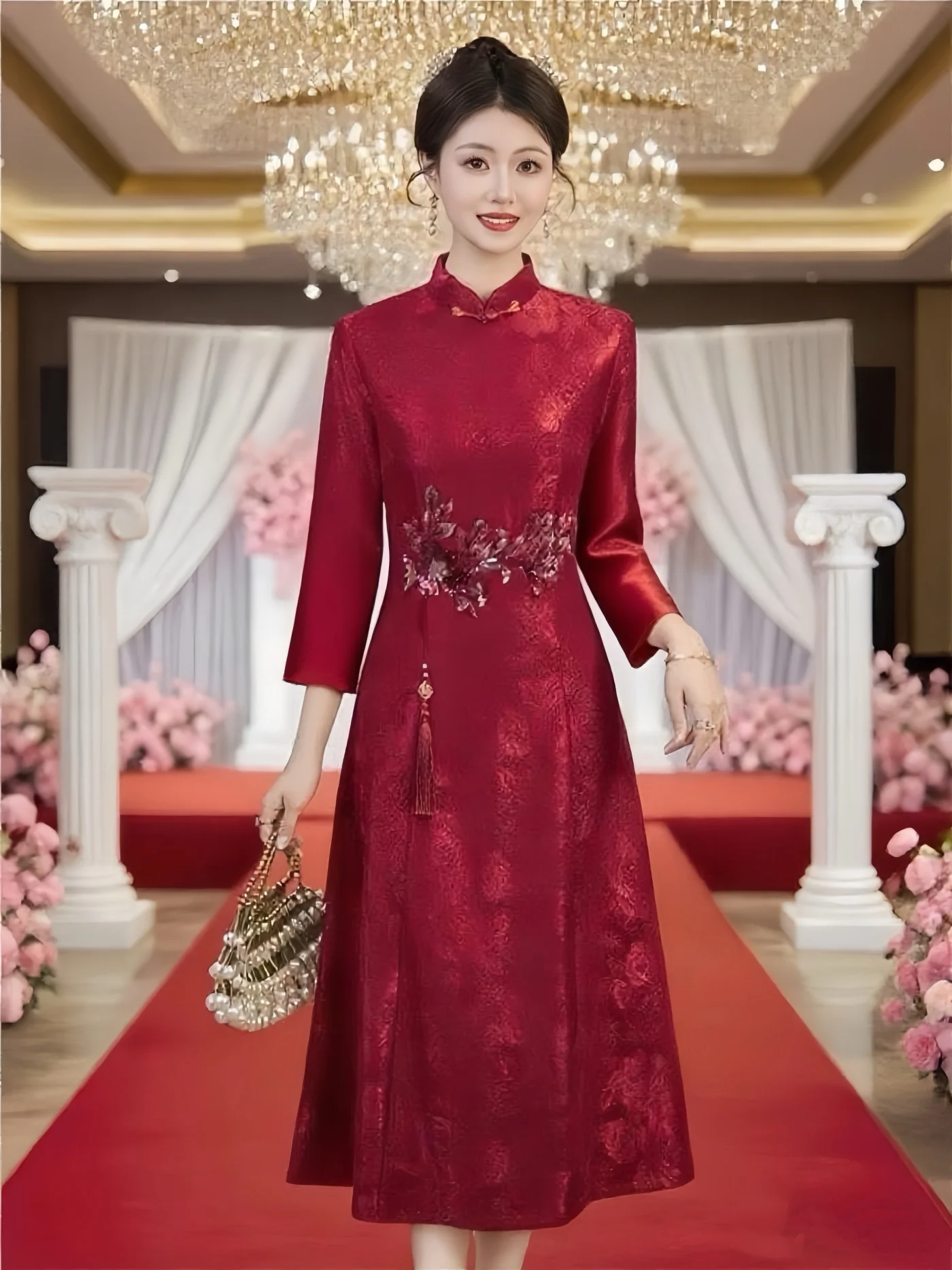 

Elegant Red Wedding Mommy Wedding Dress Luxury Sensation Mommy Wedding Clothes Vintage Style Midi Length Side Button