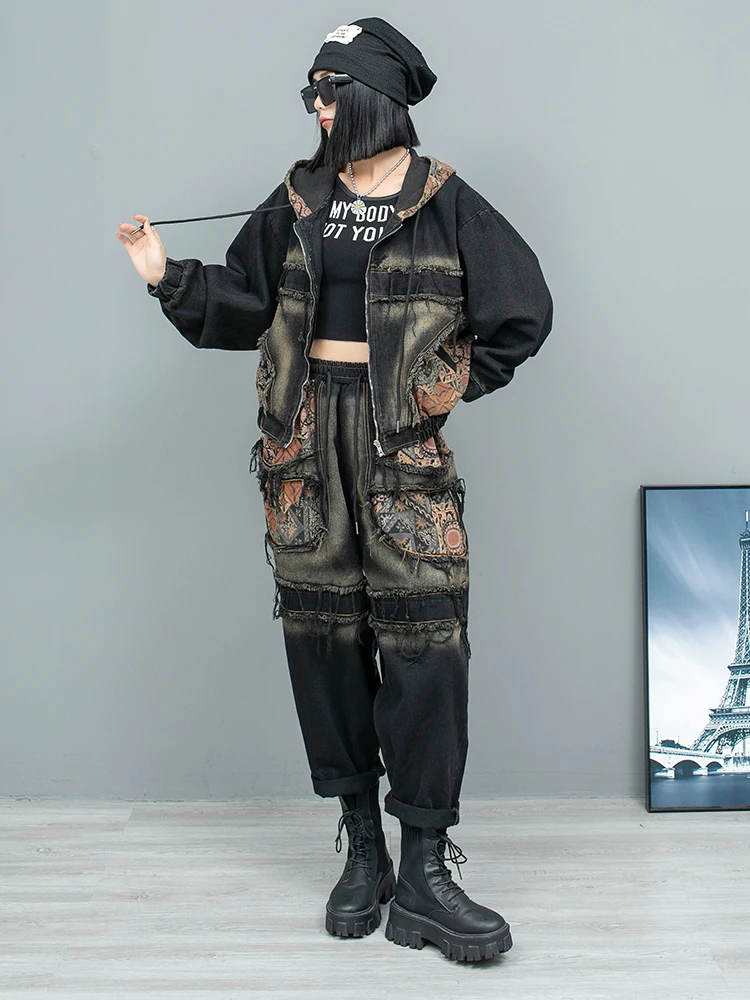 Trendy Vintage Printed Outfit Patchwork Denim Hooded Long Sleeved Jacket + Harem Pants Two-piece Set Women 2024 Autumn LX2130