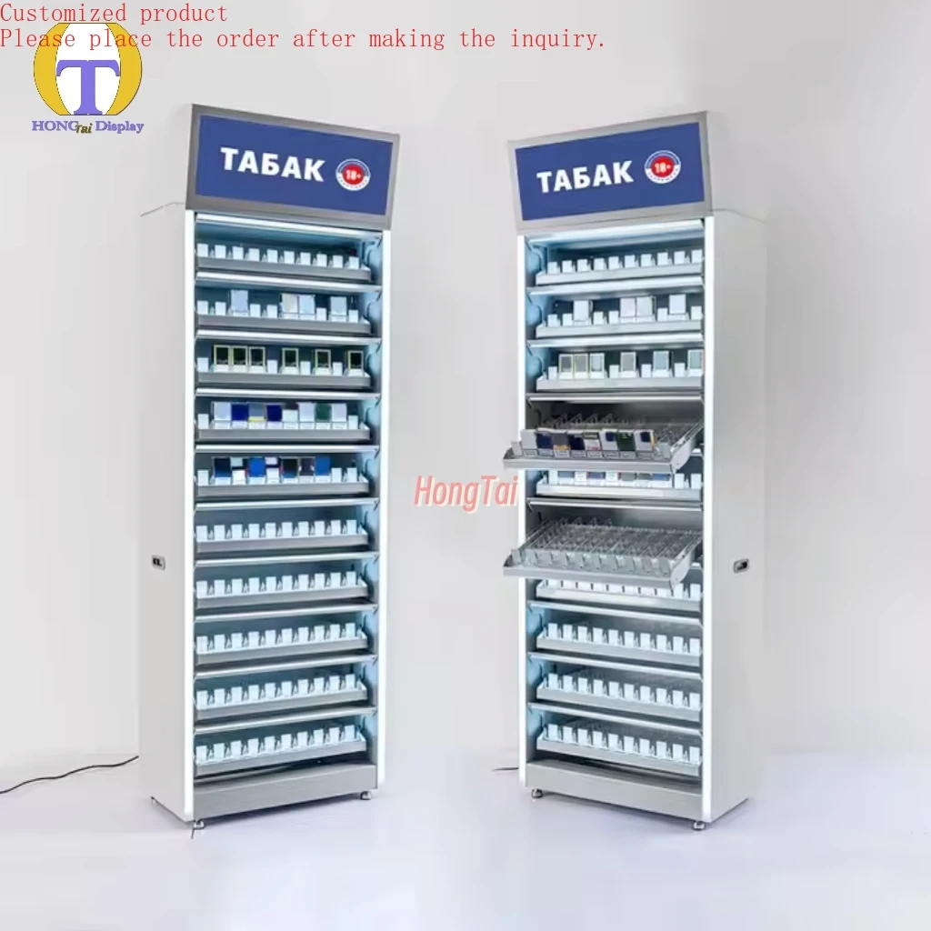 

Custom.DDP Customized Logo LED Lighting Pusher Push-pull Rack Wholesale Metal Smoke Showcase for Tobacco Shop Display Case