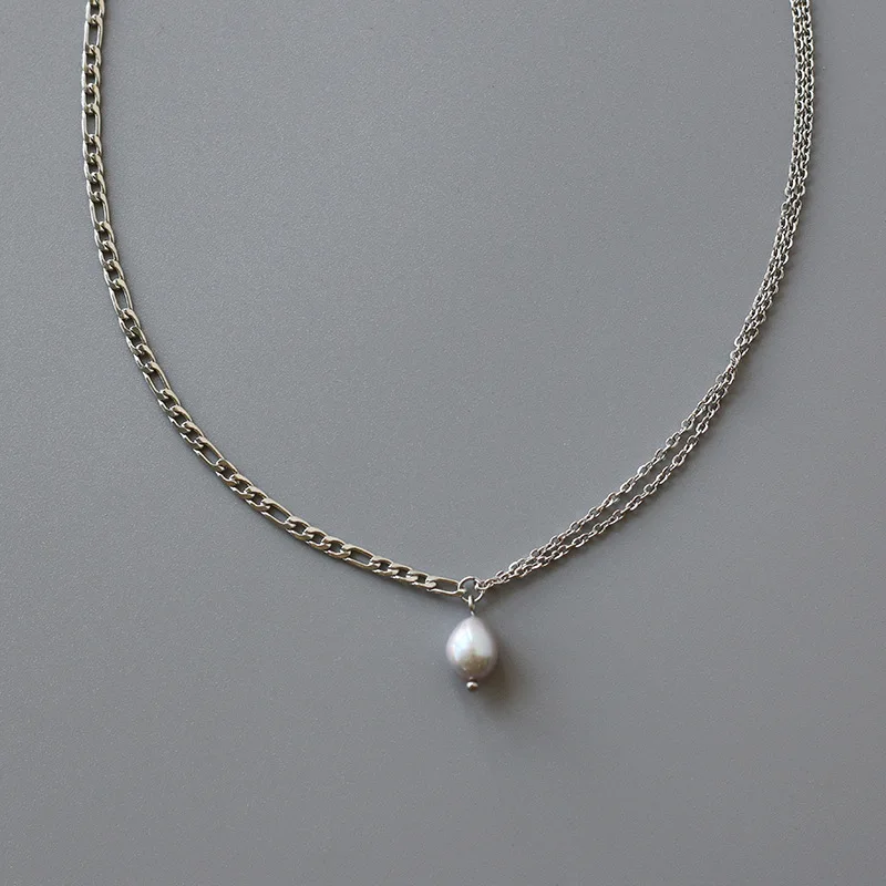316L Stainless Steel Natural Freshwater Pearl Pendant Splicing Chain Necklace For Women New Trend Choker Clavicle Chain