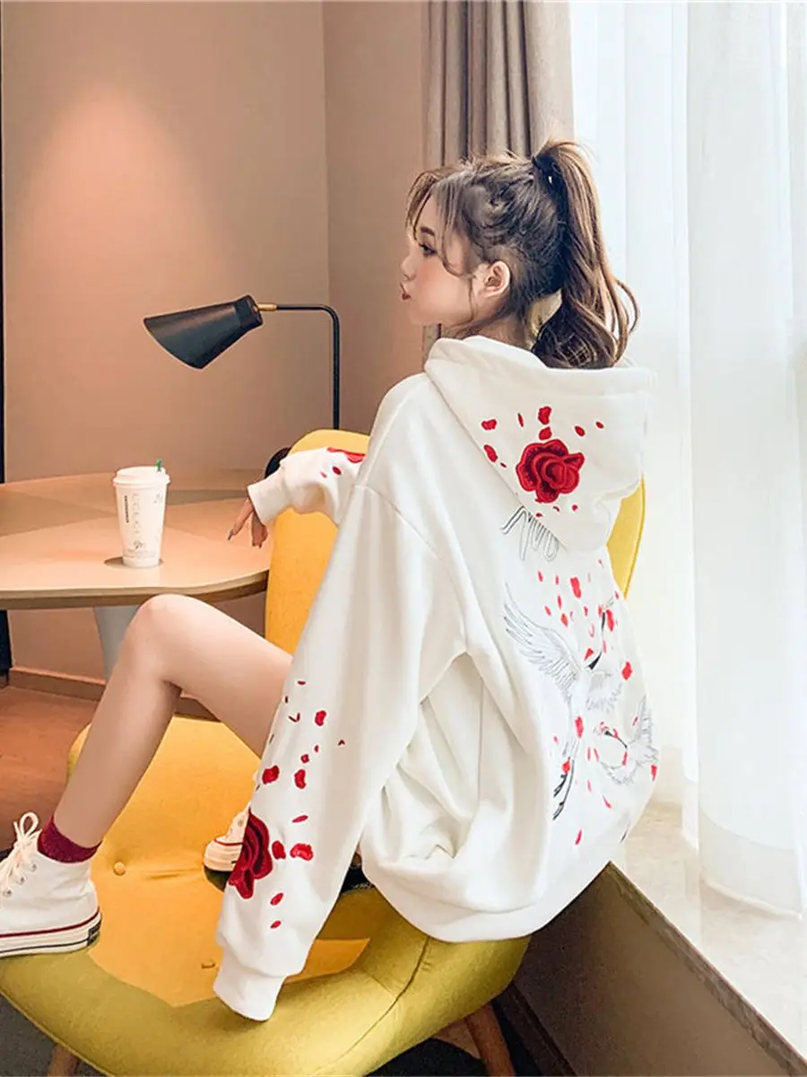 White Female Loose Sweatshirts Autumn Long Sleeve Cute Bird Print Harajuku Hoodie Streetwear Winter Oversized Tops Hoodie Women