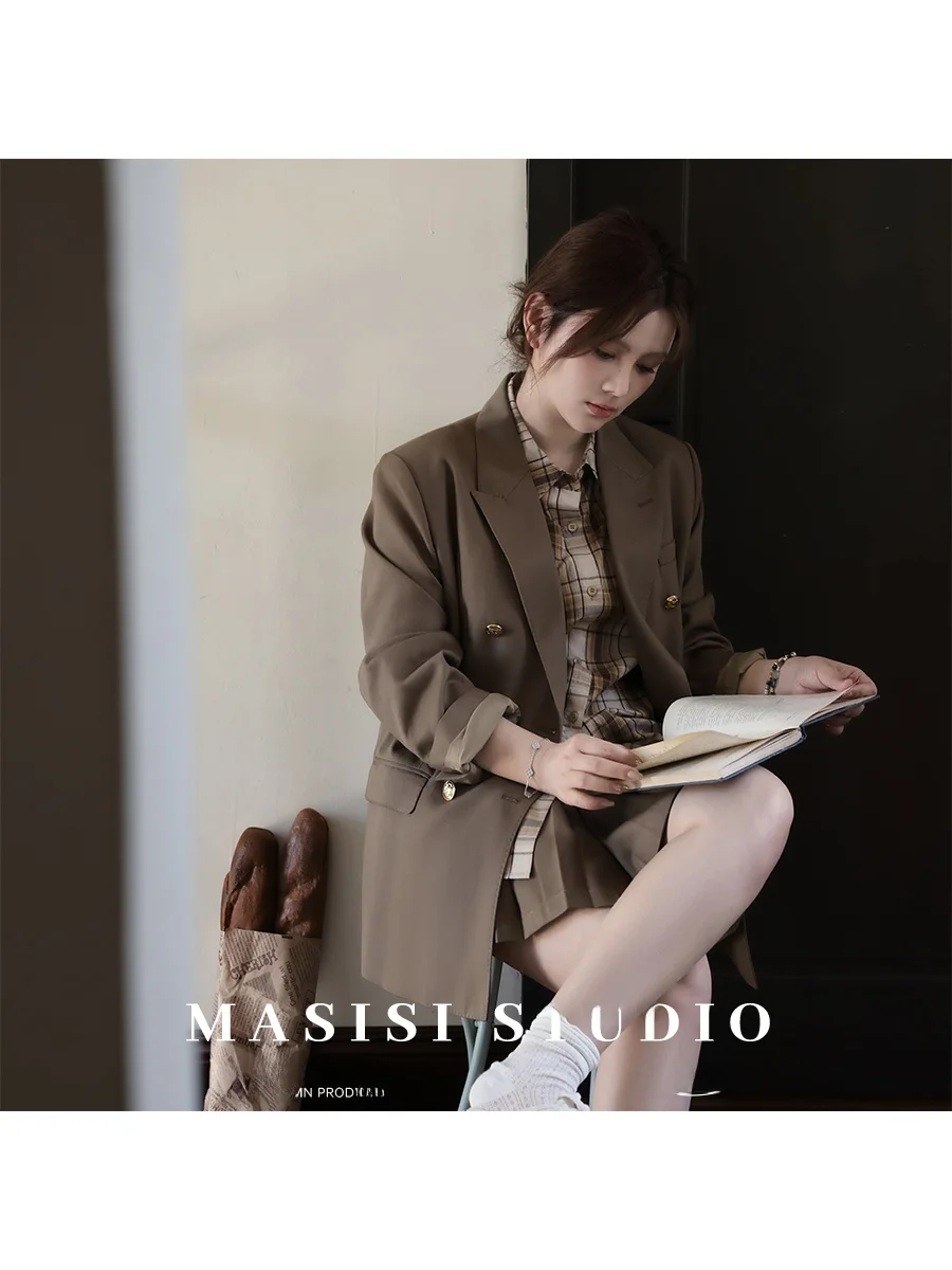 

Костюм-двойка Masisi из шерсти большого размера, женский, с двойной строчкой, осенний, модный, больших размеров, из полиэфирного волокна