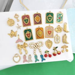 1pc Stainless Steel Big Pendant Small Charm Cherry Angel Boot Heart Tail Flower Star Cross Key Moon Pearl Bow PVD Gold Color