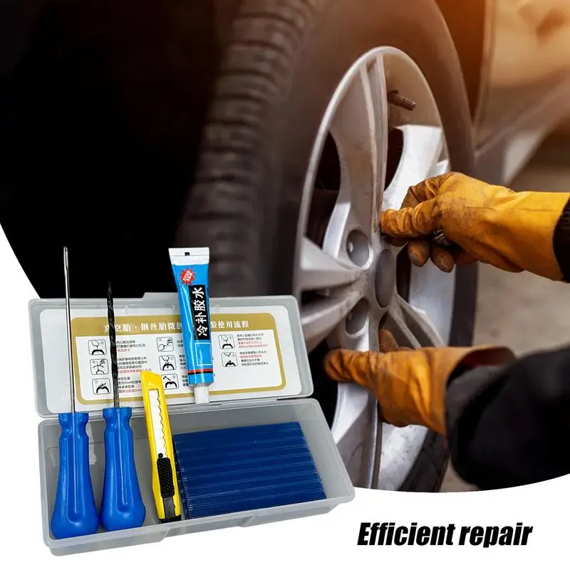 Car Tire Repair Kit with Box Tire Puncture Emergency Repair Tools Car Motorcycle Bicycle Tyre Repairing Tool Set Multi-purpose