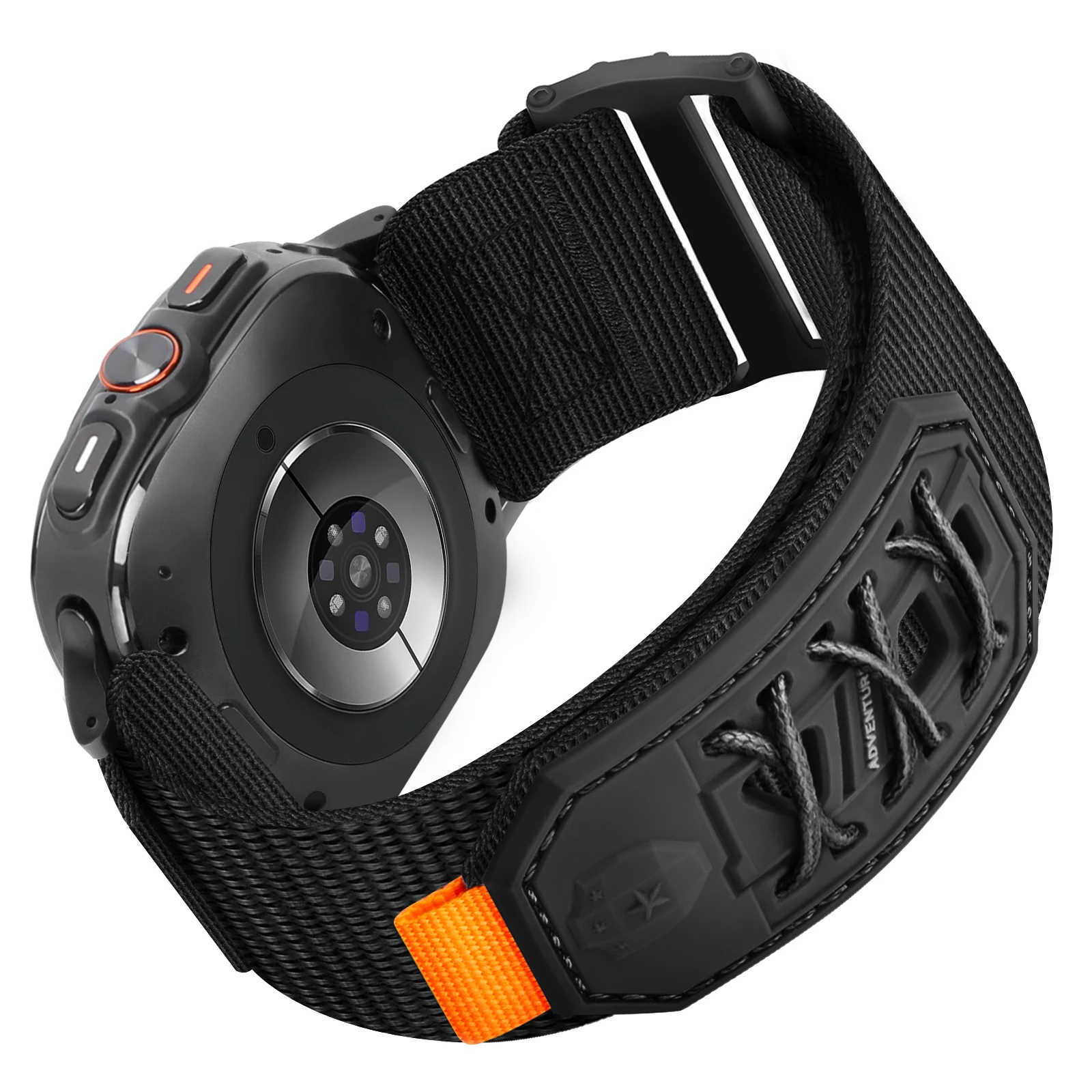 Nylon-Gewebearmband mit Metallschnalle und Klettverschluss für die 47mm Samsung Galaxy Watch Ultra.