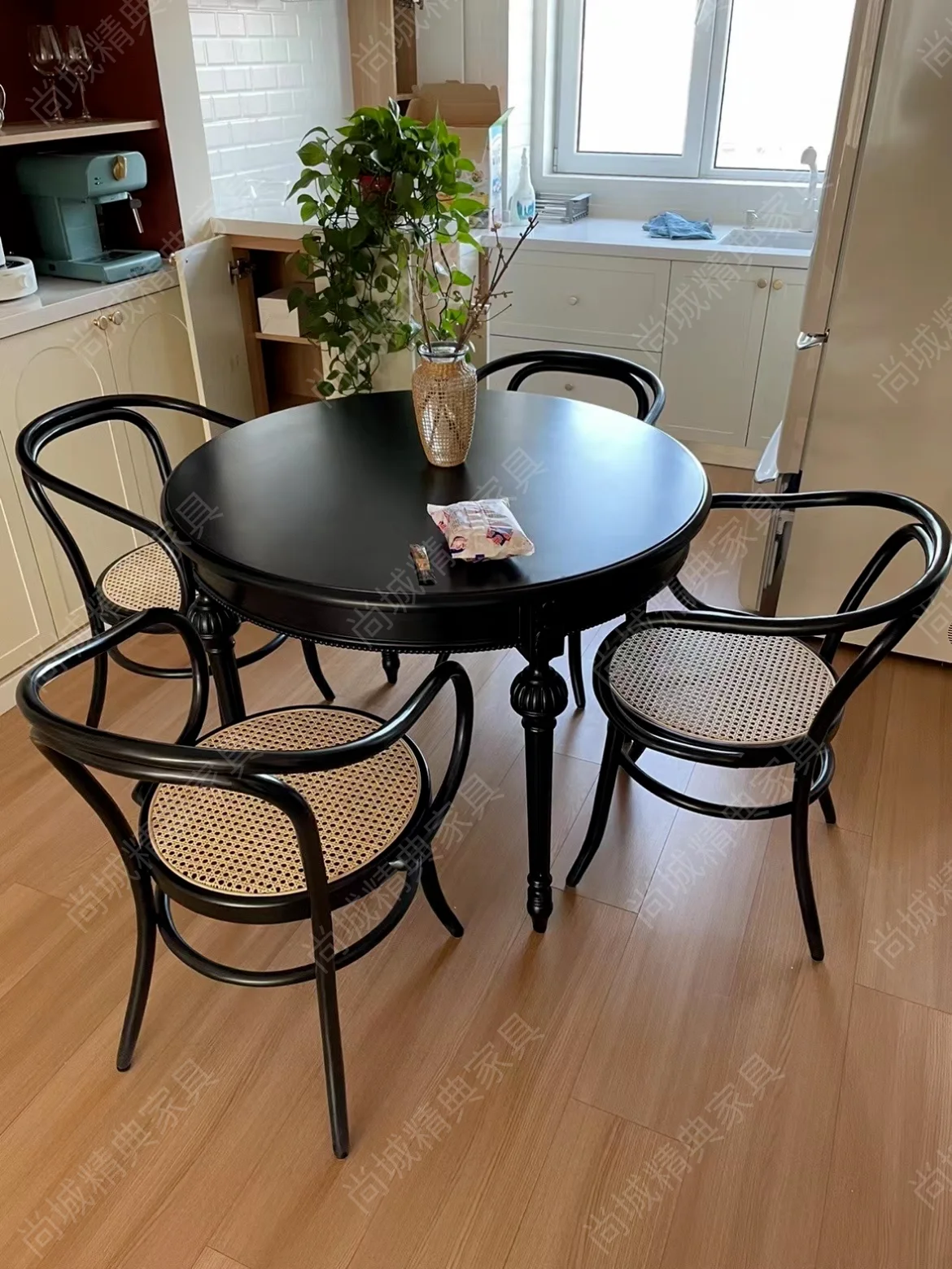 Black dining table and chairs small apartment Nordic casual simple round furniture customization