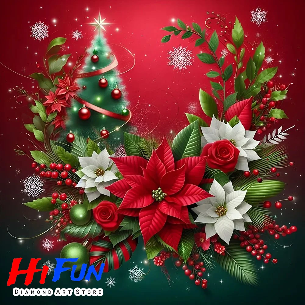 

Full Square Diamond Art Painting Red Poinsettias Christmas Flower Wall Art Diamond Mosaic DIY Gemstone Inlay Wall Decoration
