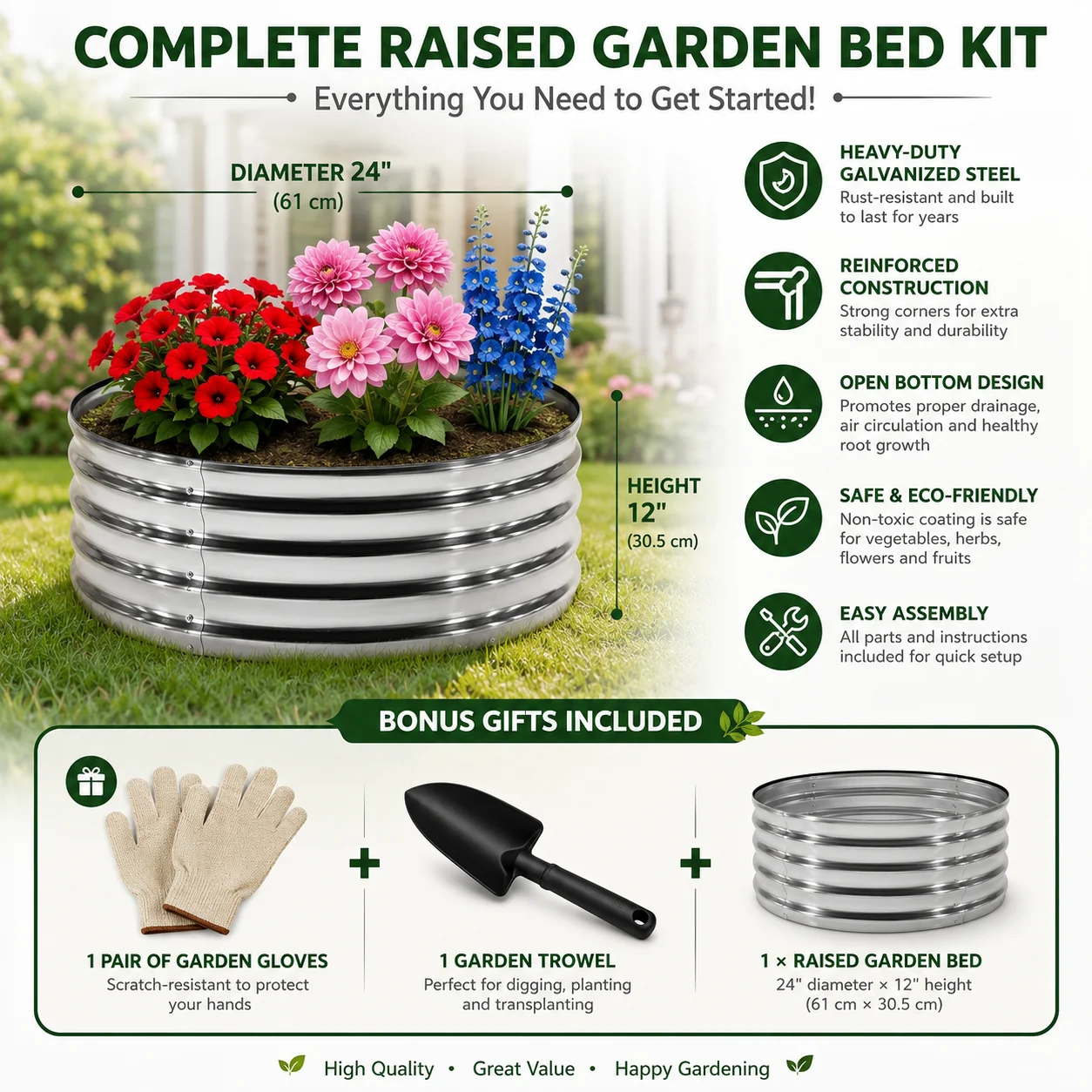 Galvanized Steel Raised Garden Bed Kit, 24' X 24' Round Metal Planter Box for Vegetables, Herbs & Flowers, Rust-Resistant Outdoor Garden Planter