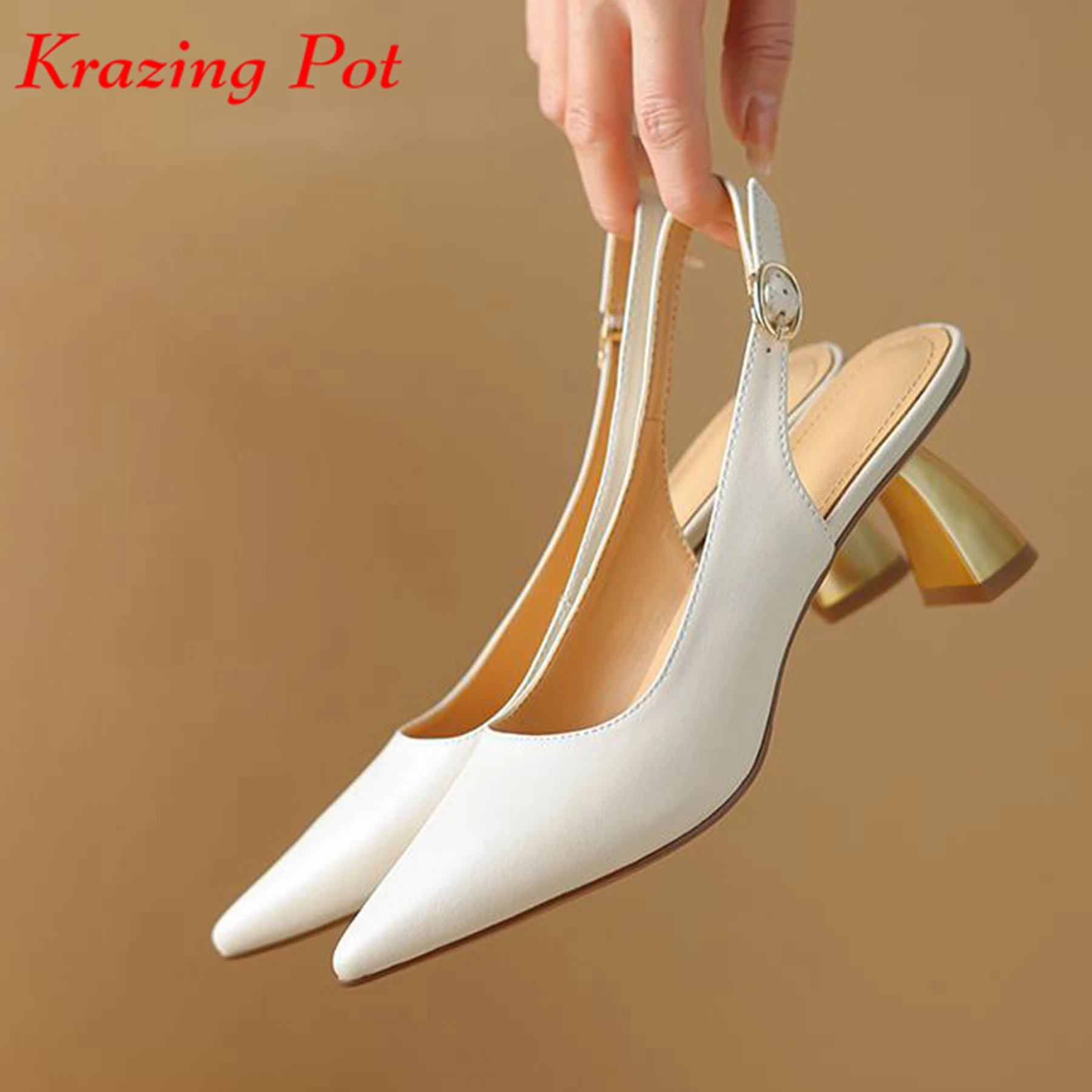 Krazing Pot Cow Leather Brand Shallow Pointed Toe Med Heels Spring Summer Slingbacks Women Simple European Design Shallow Pumps