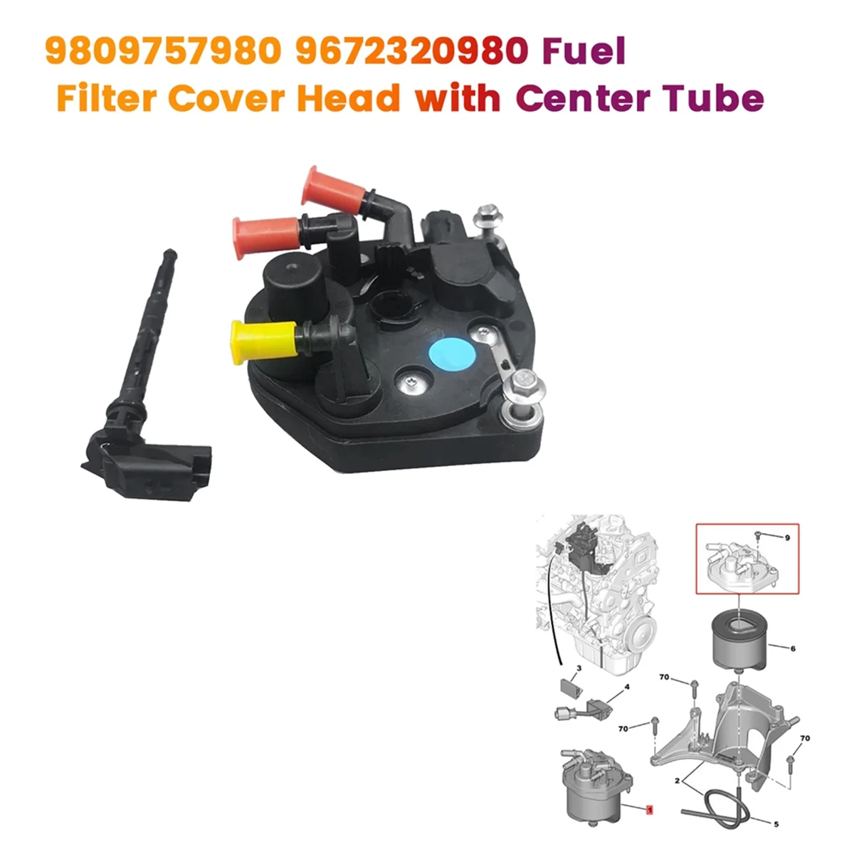 9809757980 Fuel Filter Cover Head with Center Tube for Citroen C3 C4 C5 Peugeot 207 208 508 3008 5008 08-15 9672320980